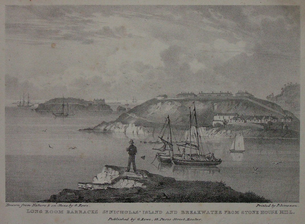 Lithograph - Long Room Barracks St.Nicholas' Island and Breakwater from Stone House Hill. - Rowe